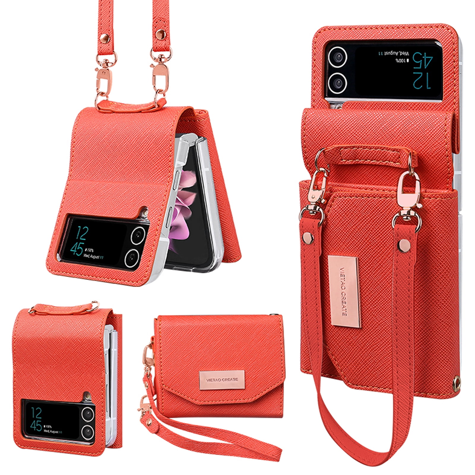 Women Wallet Purse for Samsung Galaxy Z Flip 4 5G Case, Adjustable Crossbody Strap with Credit Card Holder PU Leather Folding Phone Case Cover for Samsung Galaxy Z Flip 4 2022, Orange