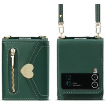 Women Wallet Purse for Samsung Galaxy Z Flip 4 5G Case Crossbody with Credit Card Holder Strap Lanyard Kickstand Flip Leather Zipper (Green,Z Flip 4)