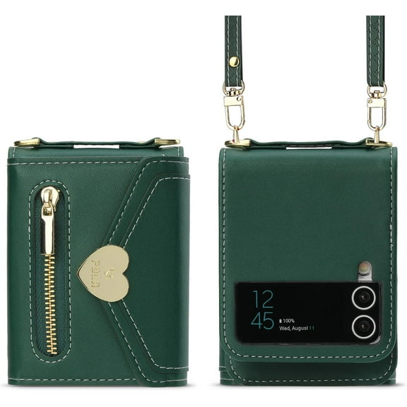 Women Wallet Purse for Samsung Galaxy Z Flip 4 5G Case Crossbody with Credit Card Holder Strap Lanyard Kickstand Flip Leather Zipper (Green,Z Flip 4)