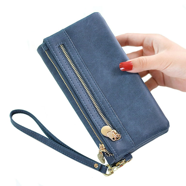 Women Wallet Soft Leather Ladies Purse Multiple Card Slots Large Capacity Zipper Clutch Bag with Wrist Strap Blue Walmart
