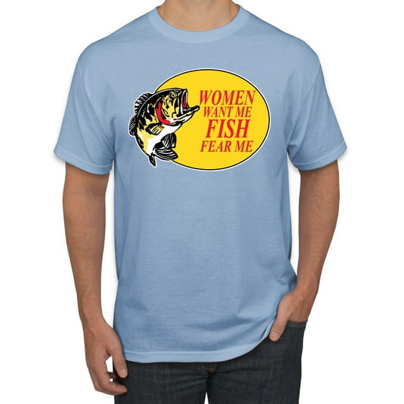 Women Want Me Fish Fear Me Fishing Men's Graphic T-Shirt, Light Blue, Large