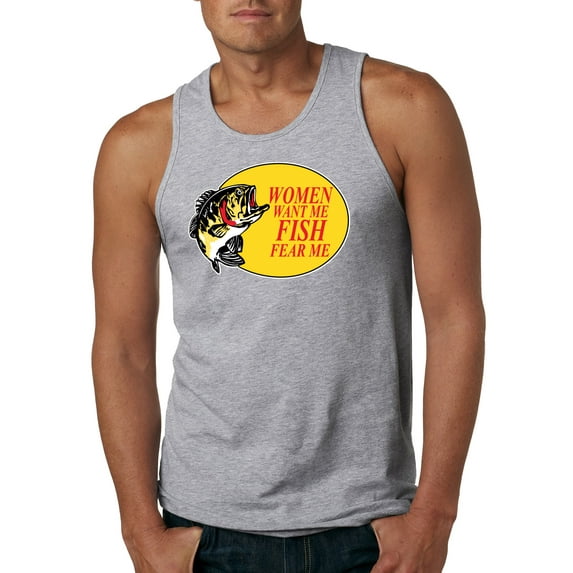 Women Want Me Fish Fear Me Fishing Mens Graphic Tank Top, Heather Grey, Medium
