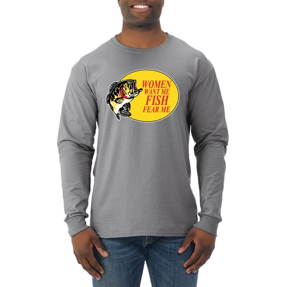 Women Want Me Fish Fear Me Fishing Mens Long Sleeve Shirt, Heather Grey, 3XL