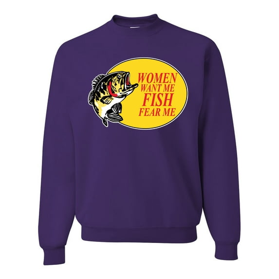 Women Want Me Fish Fear Me Fishing Unisex Crewneck Graphic Sweatshirt, Purple, Large