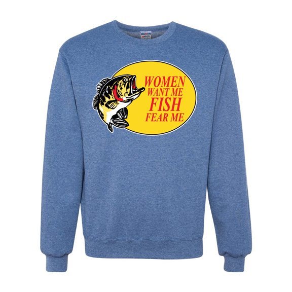 Women Want Me Fish Fear Me Fishing Unisex Crewneck Graphic Sweatshirt, Vintage Heather Blue, Small