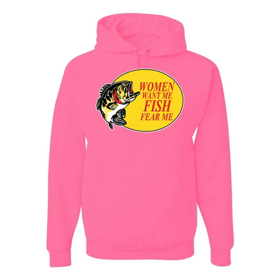 Women Want Me Fish Fear Me Fishing Unisex Graphic Hoodie Sweatshirt, Neon Pink, Large