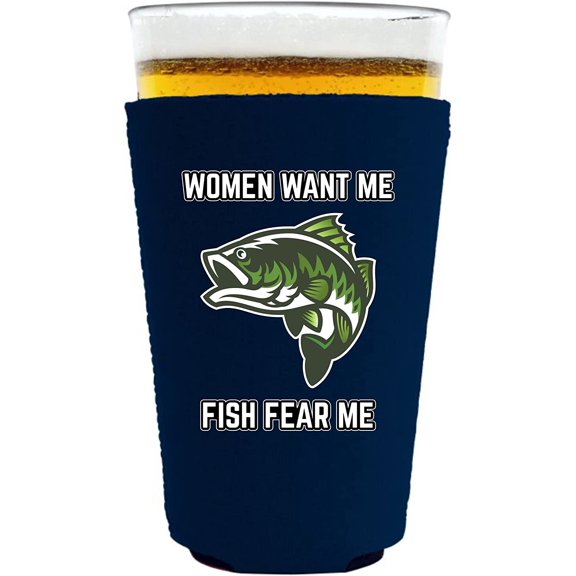 Women Want Me, Fish Fear Me Funny Pint Glass Coolie (Navy Blue)