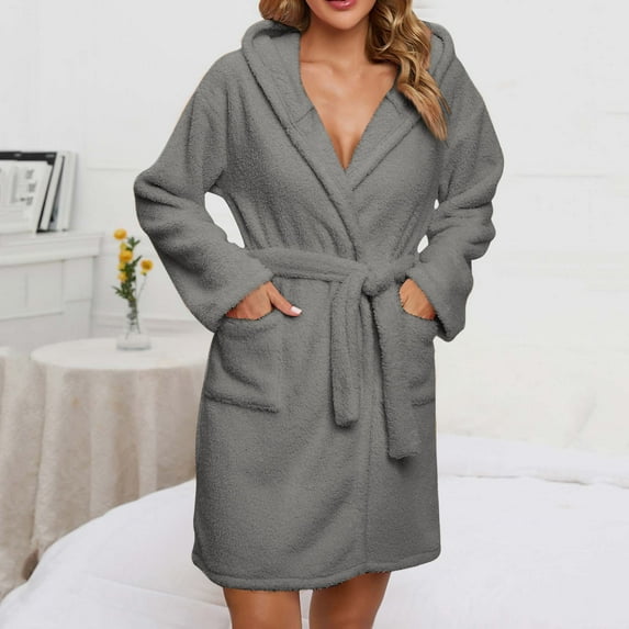 Women Warm Bathrobe, Hooded Short Housecoat Soft Fuzzy Fleece Sleepwear Ladies Comfort Fall Winter Shower Robe New Sleep Dress Plus Size Gray XXL