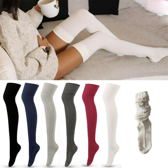 Women Warm Cable Knit Boot Long Socks Girls Over Knee Thigh High Stocking, Dark grey