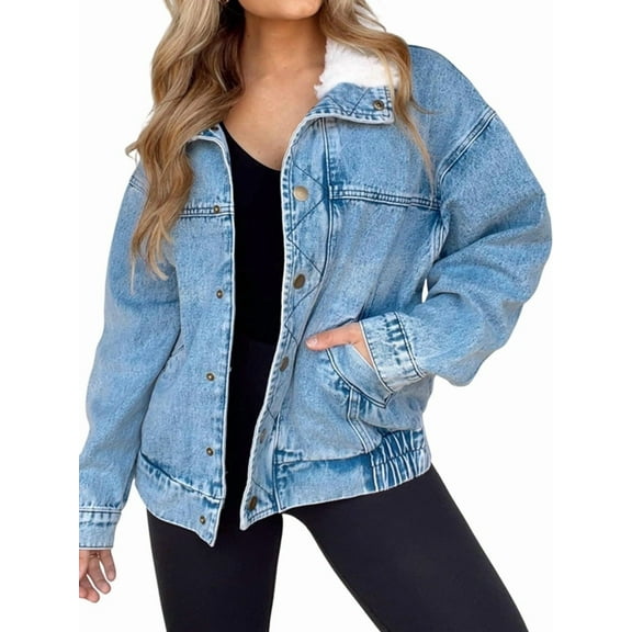 Women Warm Denim Jacket Boyfriend Jean Coat Jeans Trucker Jacket Blue M