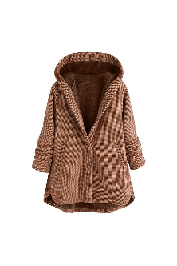 Women Warm Fall Winter Hooded Coat Plaid Solid Color Fleece Lined Flannel Jackets Button Down 2025 Shacket Jacket