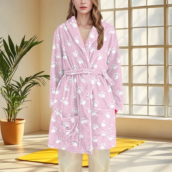Women Warm Flannel Robe Short Fuzzy Fleece Cute Printed Winter Robes Teens Soft Loungewear Nightgown with Pockets L