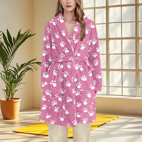 Women Warm Flannel Robe Short Fuzzy Fleece Cute Printed Winter Robes Teens Soft Loungewear Nightgown with Pockets XL