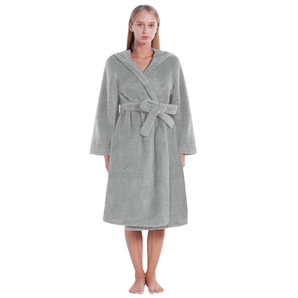 Women Warm Fleece Hooded Bathrobe Winter Plush Long Robe With Belt