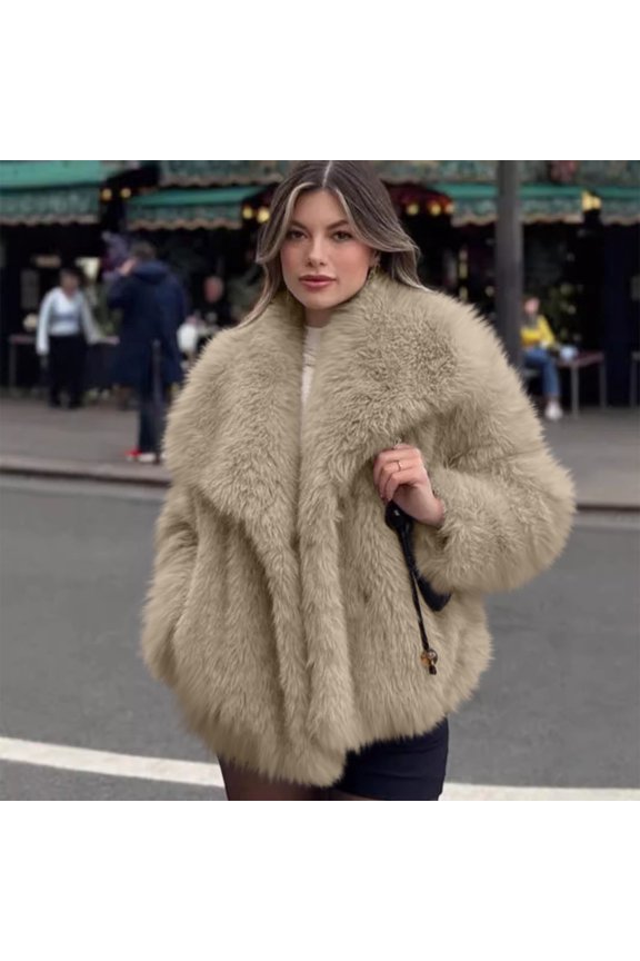 Women Warm Fluffy Short Faux Fur Jacket Long Sleeve Lapel Open Front Winter Coat