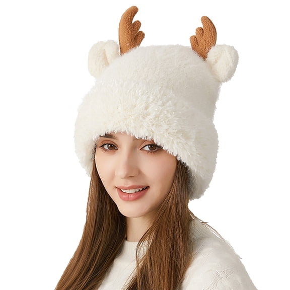 Women Warm Hat Cute Reindeer Antlers Knitted Winter Hats Crochet Earflap Knit Cap Beanie for Adults Kids