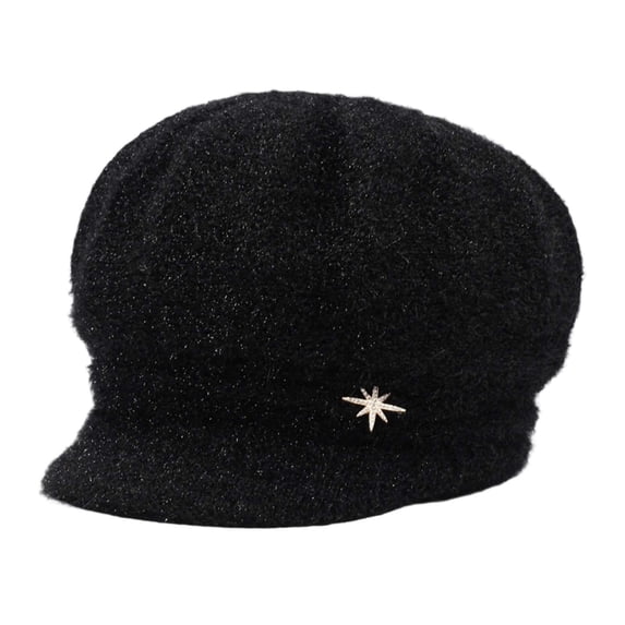 Women Warm Hat Slouchy Beanie Cap with Visor Knitted Newsboy Hats Color Black Size One Size