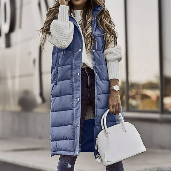 Women Warm Keeping Long Gilet Solid Color Sleeveless Zipper Puffer Jacket Hooded Waistcoat Midi Length Down Vest Thicken Quilted Coat Padded Outwear