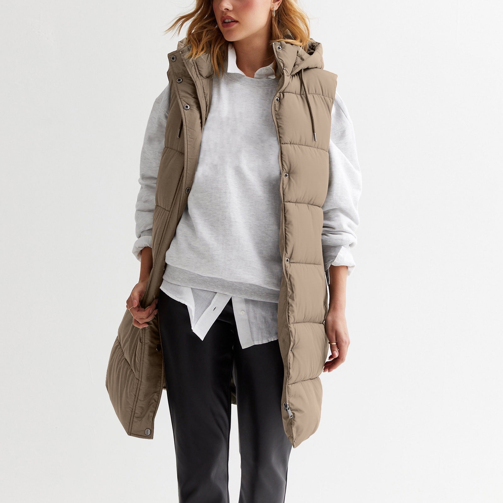 Women Warm Keeping Long Gilet Solid Colour Sleeveless Zipper Puffer