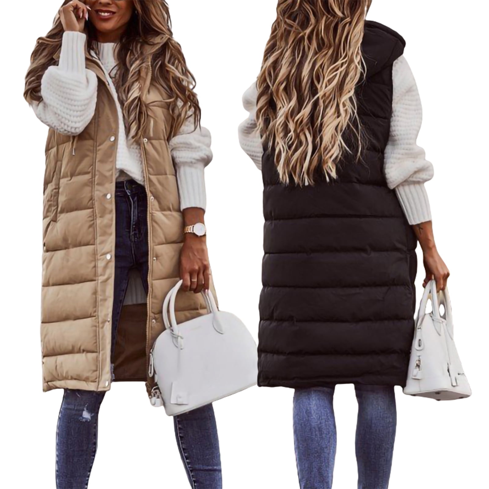 Women Warm Keeping Long Gilet Solid Colour Sleeveless Zipper  Puffer Jacket Hooded Waistcoat Midi Length Down Vest Thicken Quilted Coat Padded Outwear Streets