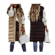 LINXUN Women Warm Keeping Long Gilet Solid Colour Sleeveless Zipper Puffer Jacket Hooded Waistcoat Midi Length Down Vest Thicken Quilted Coat Padded Outwear Streets