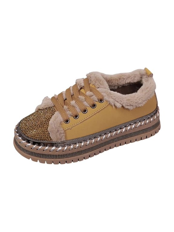 Women Warm Lace Up Thick Sole Shoes Rhinestone Patchwork Winter Fall Size 6