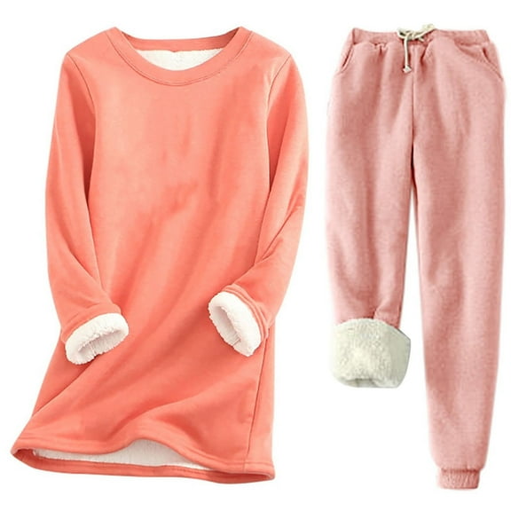 Women Warm Loungewear Set Fleece Lined Crewneck Sport Sweatshirt Pullover Jogger Pants Loungewear Set Matching Set 2024 Trendy S-59 Pink-a 5XL
