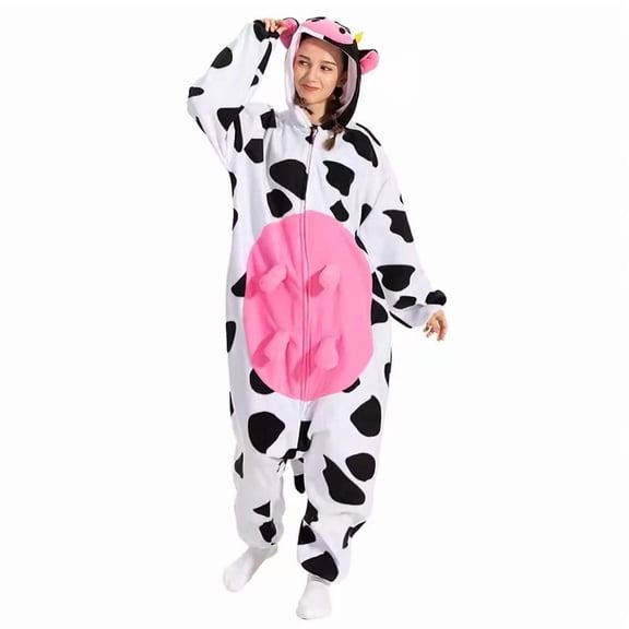 Women Warm One-piece Blanket Pajamas Cow Cozy Animal Print Pajamas Long Sleeve Soft Loungewear for Sleep At Home Loungewear Soft Pj Set White XL