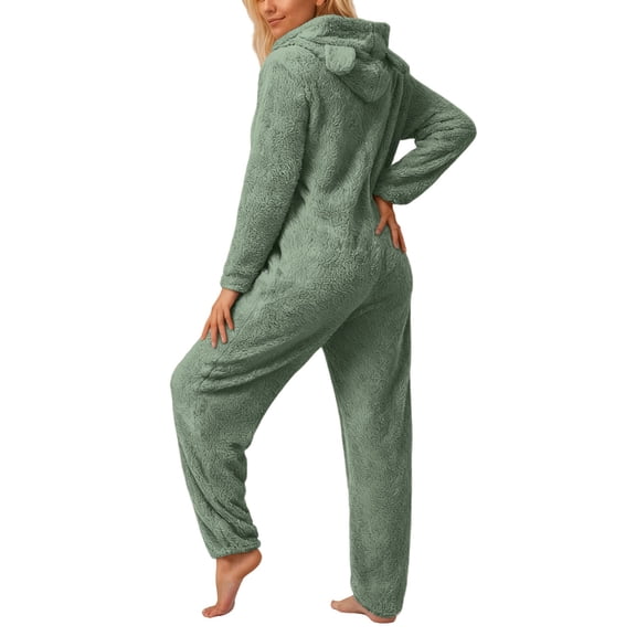 Women Warm One-piece Blanket Pajamas Women's Autumn Winter Solid Color Long Sleeved Zipper Hooded Jumpsuit Pajamas for Home Loungewear Soft Pj Set Dark Green 5XL