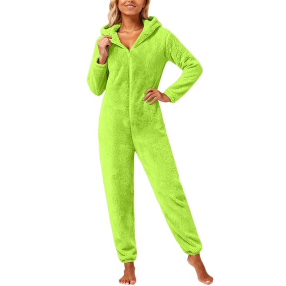 Women Warm One-piece Blanket Pajamas Women's Autumn Winter Solid Color Long Sleeved Zipper Hooded Jumpsuit Pajamas for Home Loungewear Soft Pj Set Green M