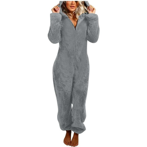 Women Warm One-piece Blanket Pajamas Women's Autumn Winter Solid Color Long Sleeved Zipper Hooded Jumpsuit Pajamas for Home Loungewear Soft Pj Set Grey 3XL