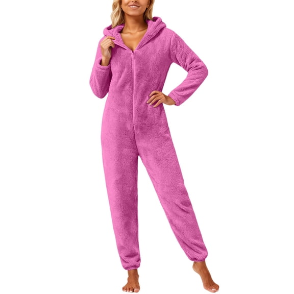 Women Warm One-piece Blanket Pajamas Women's Autumn Winter Solid Color Long Sleeved Zipper Hooded Jumpsuit Pajamas for Home Loungewear Soft Pj Set Hot Pink M