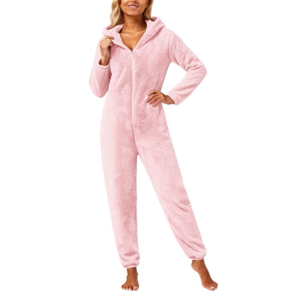 Women Warm One-piece Blanket Pajamas Women's Autumn Winter Solid Color Long Sleeved Zipper Hooded Jumpsuit Pajamas for Home Loungewear Soft Pj Set Light Pink M