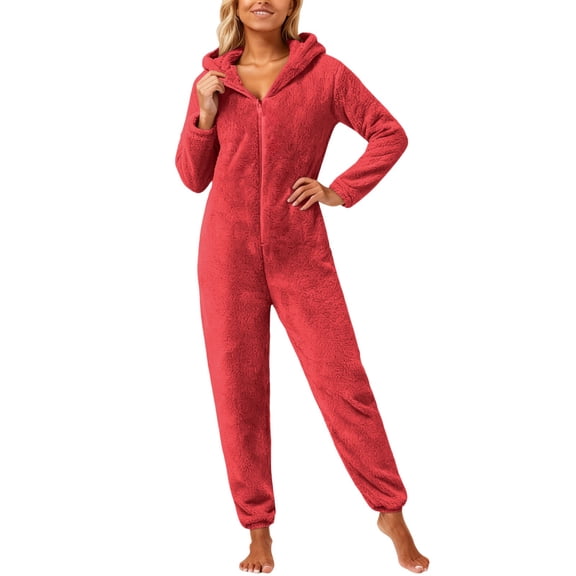 Women Warm One-piece Blanket Pajamas Women's Autumn Winter Solid Color Long Sleeved Zipper Hooded Jumpsuit Pajamas for Home Loungewear Soft Pj Set Watermelon Red M