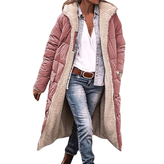Women Warm Oversized Reversible Fleece Puffer Shearling Down Long Jackets Outerwear with Hood Bean Paste Pink L