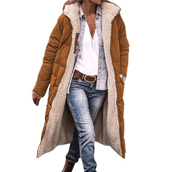 Women Warm Oversized Reversible Fleece Puffer Shearling Down Long Jackets Outerwear with Hood Dark Brown XL