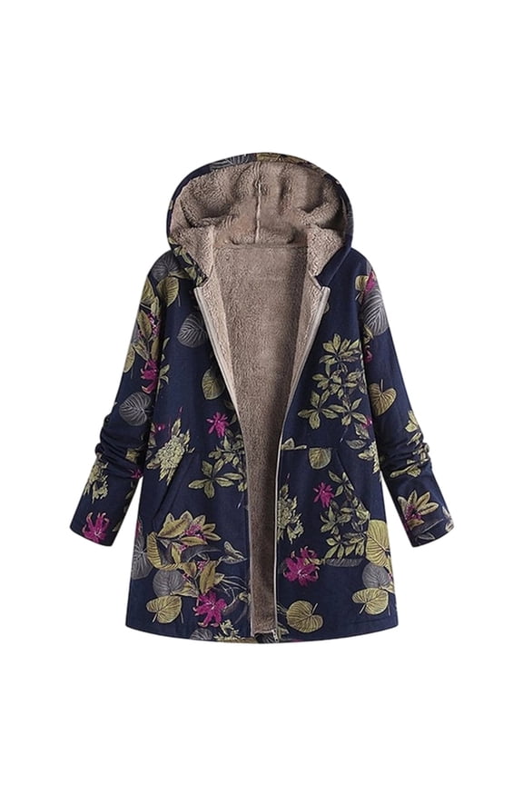 Women Warm Oversized Reversible Fleece Puffer Shearling Down Long Jackets Outerwear with Hood Leaf Dark Blue 5XL
