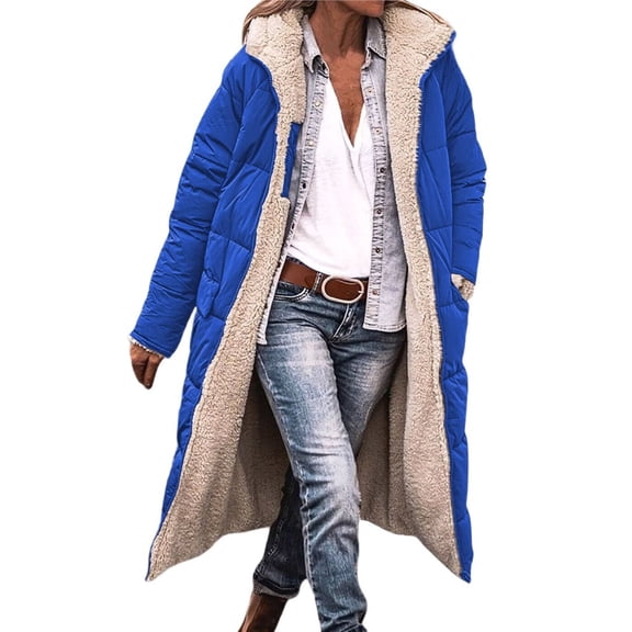 Women Warm Oversized Reversible Fleece Puffer Shearling Down Long Jackets Outerwear with Hood Royal Blue M