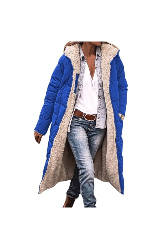 Women Warm Oversized Reversible Fleece Puffer Shearling Down Long Jackets Outerwear with Hood Royal Blue S