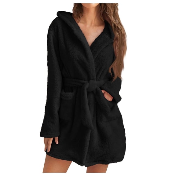 Women Warm Plush Bathrobe Hooded Short Housecoat Soft Fleece Fuzzy Spa Robes Ladies Comfort Fall Winter Shower Robe Black 2XL