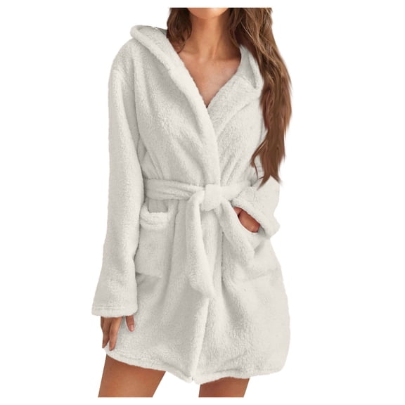 Women Warm Plush Bathrobe Hooded Short Housecoat Soft Fleece Fuzzy Spa Robes Ladies Comfort Fall Winter Shower Robe White M
