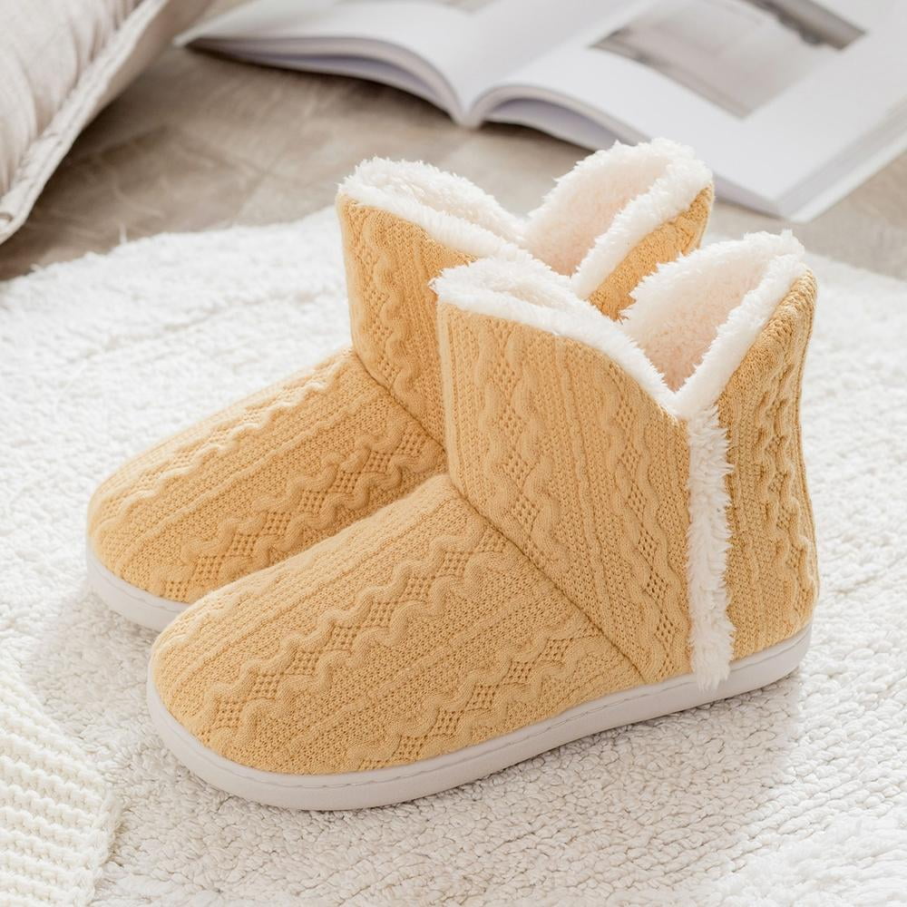 Women Warm Plush Slipper Boots Cozy Knitted Bootie Indoor