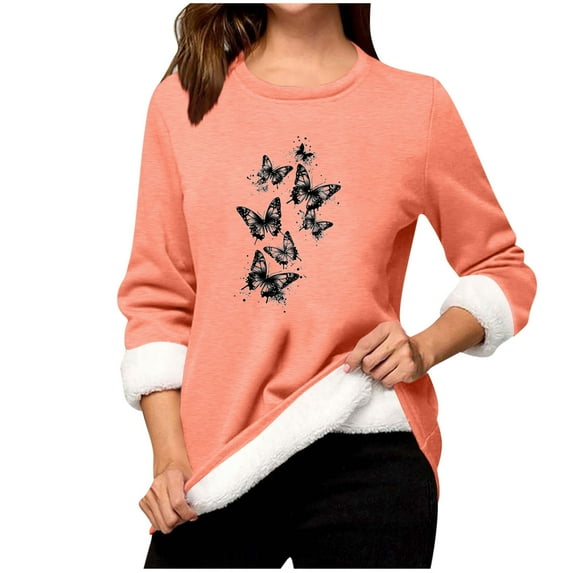 Women Warm Sherpa Lined Fleece Crewneck Sport Sweatshirt Pullover Loungewear Fashion Butterfly Print Tops