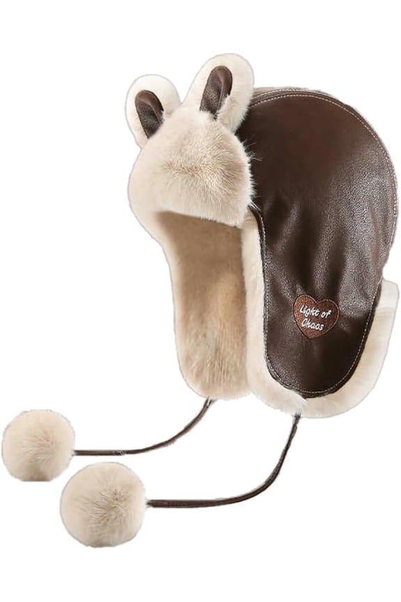 Women Warm Trapper Hat Men Ushanka Winter Windproof Earflap Cute Bear Ears Leather Faux Fur Lining Cold Hunting Ski