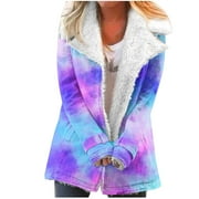 BVNARTY Women Warm Winter Clothes Fuzzy Turn Down Outerwear Sherpa Hooded Teddy Coat Vintage Tie Dye Fall Lady Fashion Plus Size Long Sleeve Outwear Jackets Button Dowm Fleece Line Coat Purple XXL