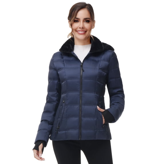 Women Warm Winter Down Puffer Jacket-Hooded Winter Puffer Coat for Women with Faux Fur Lined Hood and Collar (Navy, Small)