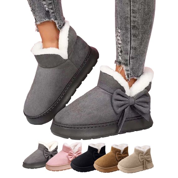 Women Warm Winter Snow Shoes with Fleece Lining and Cute Bow Women’s Ankle Boots Solid Color Casual Slip-On Comfortable Thick-Soled Boots