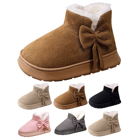 Women Warm Winter Snow Shoes with Fleece Lining and Cute Bow Women’s Ankle Boots Solid Color Casual Slip-On Comfortable Thick-Soled Boots