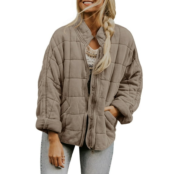 Women Warm Winter Stand Collar Long Sleeve Zip Up Quilted Jackets Coat Outwear