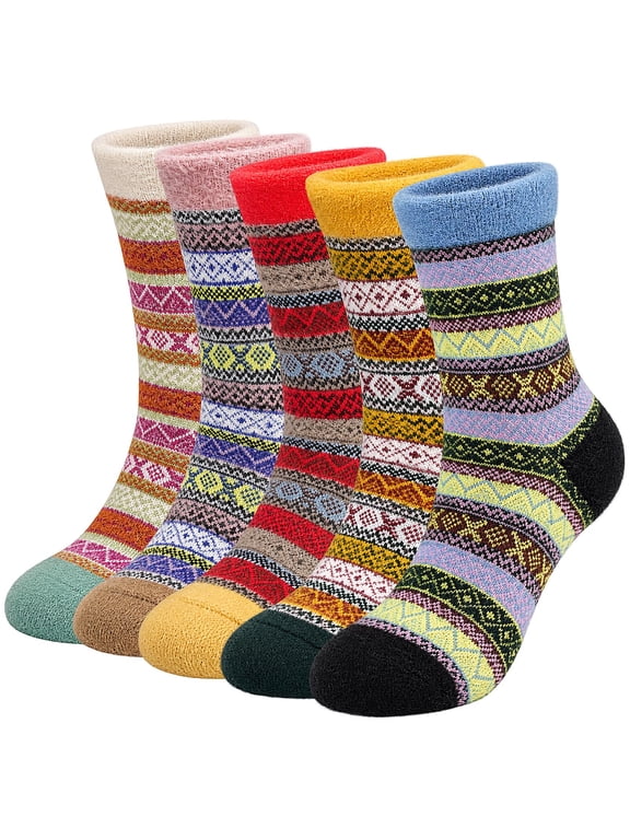 Women's Fuzzy Winter Socks, Cozy Wool Blend Crew Socks with Nordic Pattern, 5 Pairs